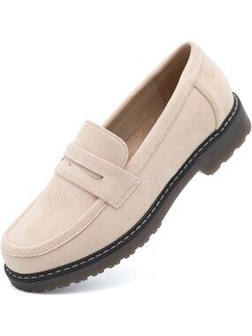 🆕Women's Suede Beige Chunky Loafers Platform Comfortable Slip-On Dressy